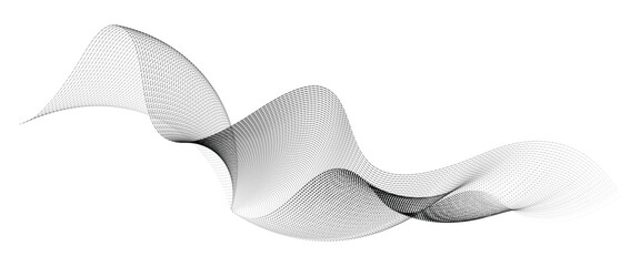 Dynamic particle waves in a halftone gradient form a flowing dot curve against a white backdrop, embodying technology, sound, music, and modern aesthetics.