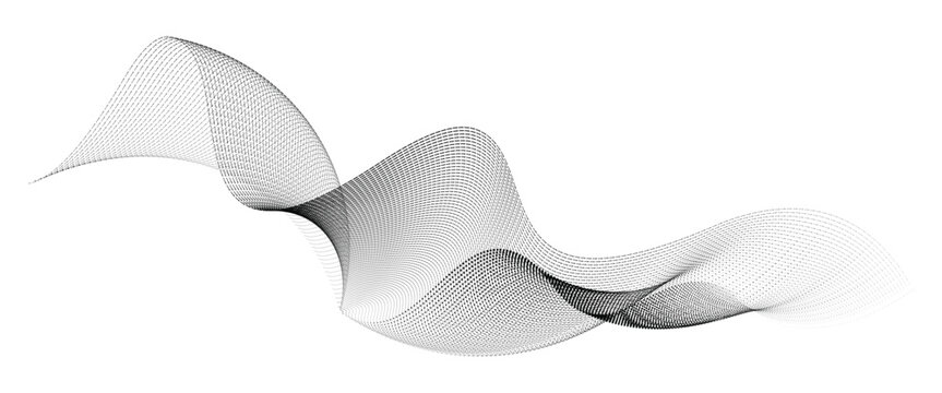 Dynamic particle waves in a halftone gradient form a flowing dot curve against a white backdrop, embodying technology, sound, music, and modern aesthetics.
