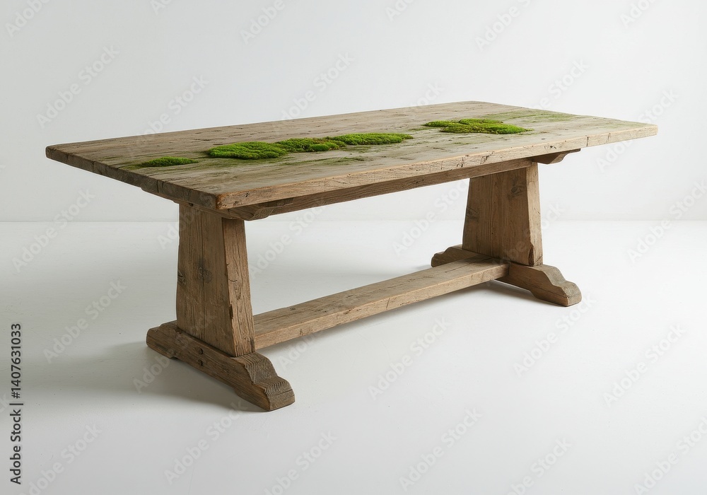 Poster rustic wooden table with moss on top against a white background in a studio setting indoors