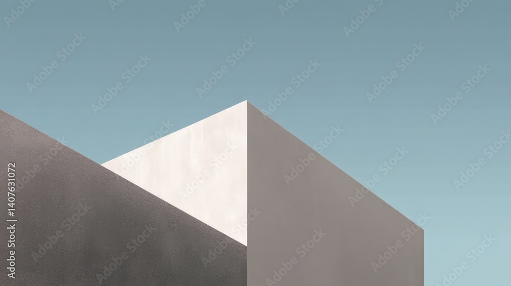 Poster a minimalist architectural design features two angular structures against a clear sky, highlighting 
