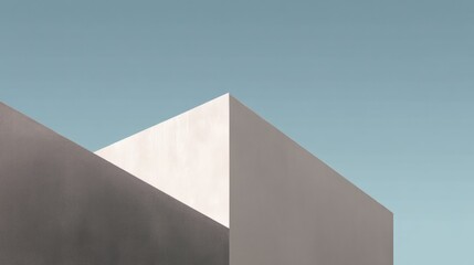 A minimalist architectural design features two angular structures against a clear sky, highlighting clean lines and contrasting textures, Modern Minimalist Architecture.
