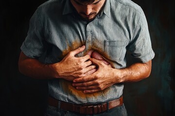 Stomach Pain and Discomfort in Man Highlighting Acid Reflux and Heartburn Symptoms with Anatomical Overlay against Gray Background