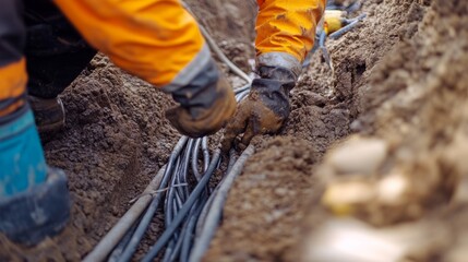 Construction worker laying down electrical cables in a trench. Featuring coordination and expertise