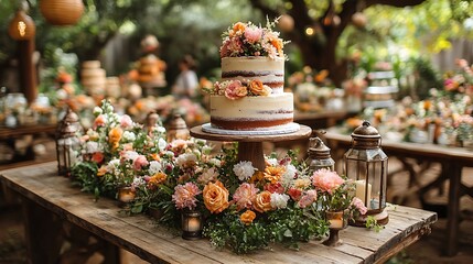 A rustic outdoor birthday party setup in a garden, featuring vintage lanterns, wooden tables, and an earthy-toned cake surrounded by fresh flowers.