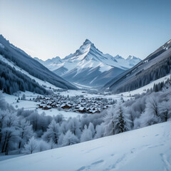 Snowy Mountain Village Winter Landscape