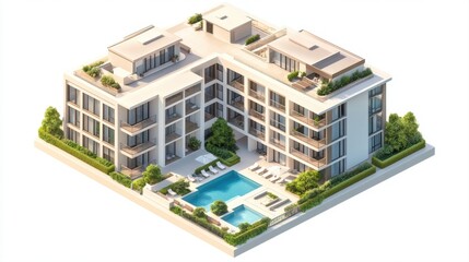 Modern Architectural Design of Luxury Apartment Complex with Pool and Lush Landscaping in Sunlit Environment
