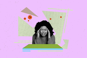 Creative pop poster sketch art collage of girl guy receive sad emoji pressure cyberbully reaction social media hate problem