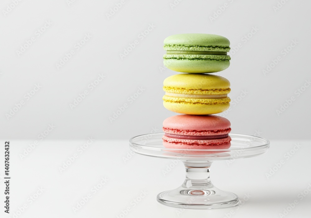 Poster stack of three colorful macarons on a glass stand against a white background in a studio setting