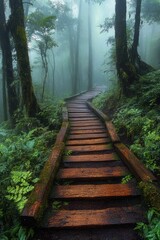 Obraz premium Misty Forest Pathway Through Green Foliage in Doi Inthanon National Park Thailand