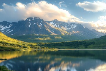 Majestic Mountain Landscape with Reflective Lake and Soft Sunlight in Iceland