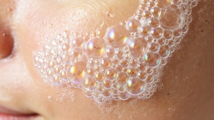 Fototapeta premium Beautiful close up of bubbles on a cheek creating a sparkling effect and highlighting skin texture in natural light during a skincare routine Generative AI