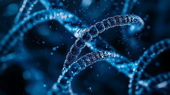 Intricate Molecular Structure with Glowing Blue Strings and Digital Background Effects