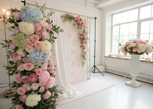 Elegant bridal shower backdrop featuring pastel peonies and hydrangeas. Ideal for studio photos.