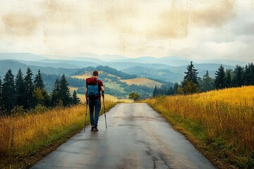 Obraz premium Hiker on Paved Road in Countryside Landscape on a Summer Day