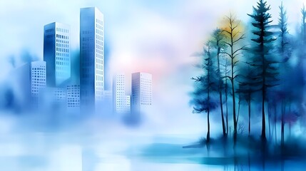 Fototapeta premium Blue Cityscape Watercolor, Misty Urban Scene - Watercolor art