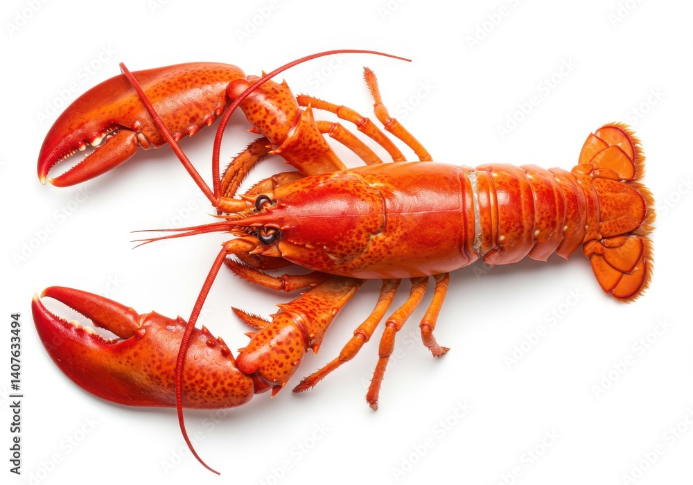 Poster a cooked lobster with large claws and a bright red shell on a plain white background in a studio sho