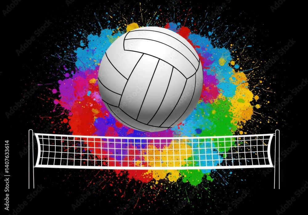 Poster a volleyball above a net with a colorful splatter background on a stark black background scene