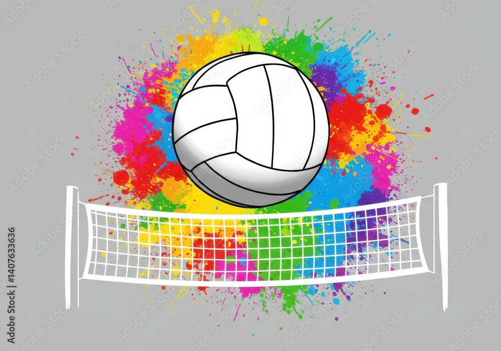 Poster a volleyball over a net with a colorful splash background in a graphic design illustration