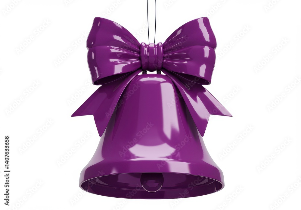Poster a shiny purple bell with a bow hanging from a string against a plain white background isolated objec