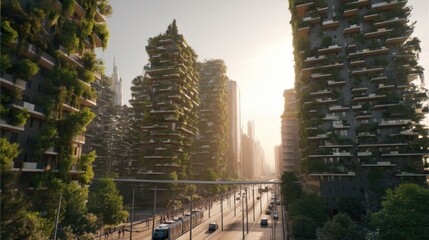 Fototapeta premium Eco-Friendly Vertical Gardens on Modern Skyscrapers with Solar Panels and Green Skybridges, Electric Tram Commuting Below in Golden Hour Sustainable Cityscape