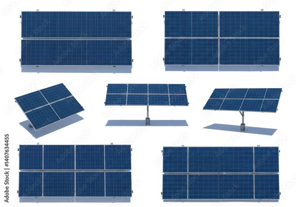 Poster multiple views of solar panels arranged on a white background showing different angles and positions