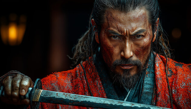 Bloody samurai warrior in red kimono, intense gaze, dark setting