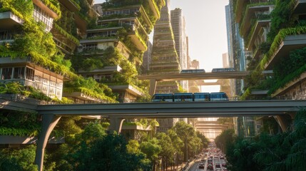 Eco-Friendly Vertical Gardens on Modern Skyscrapers with Solar Panels and Green Skybridges, Electric Tram Commuting Below in Golden Hour Sustainable Cityscape