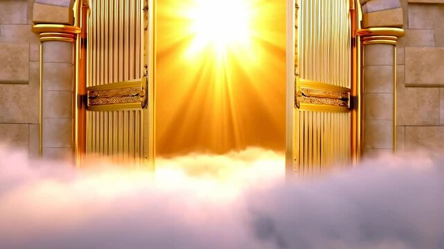 Golden heavenly gate opens amidst radiant sunlight and surreal clouds