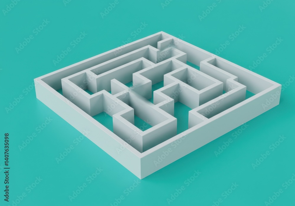 Poster a square white maze on a turquoise background with a simple design and a top down perspective view