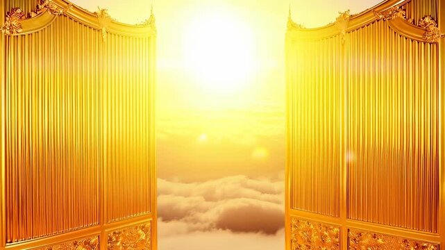 Majestic golden gates opening to heavenly skies with radiant sunlight in timelapse