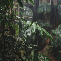 Fototapeta premium Lush Rainforest Leaves Covered in Raindrops.rain in the forest.nature view. nature. 