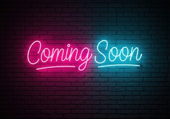 Obraz premium Coming soon neon sign on a brick wall with pink and blue lights in a dark environment setting