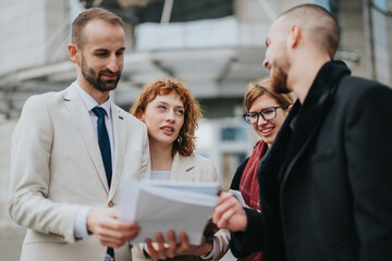 A group of four business professionals interacting collaboratively while holding papers,...