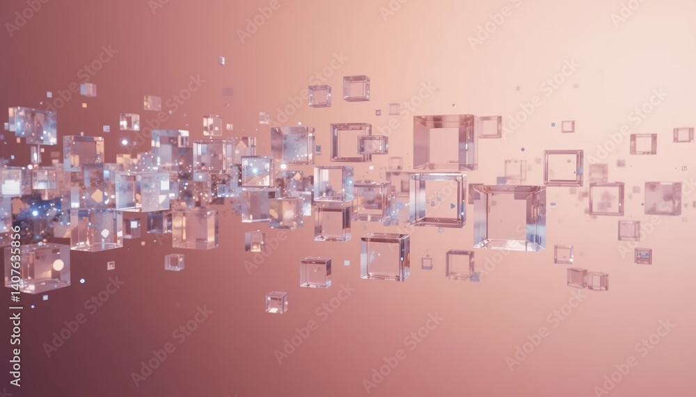 Poster dynamic digital cubes flowing in a soft rose background abstract visuals technology concept high-res