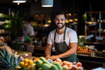Fototapeta premium smiling young man working in a healthy food store
