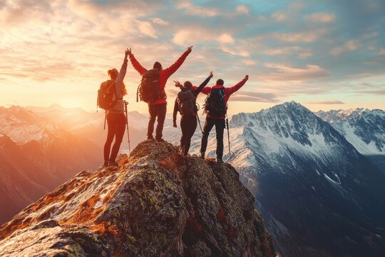 Happy hikers celebrating adventure on mountain peak at sunrise