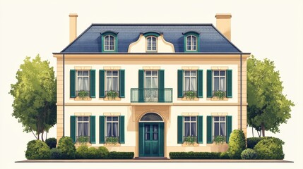 Elegant two-story house with green shutters and landscaped garden in a serene setting showcasing classic architecture