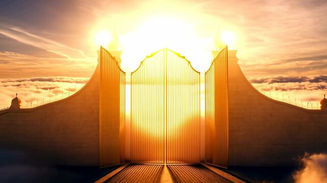 Heavenly gate opens at sunrise above the clouds