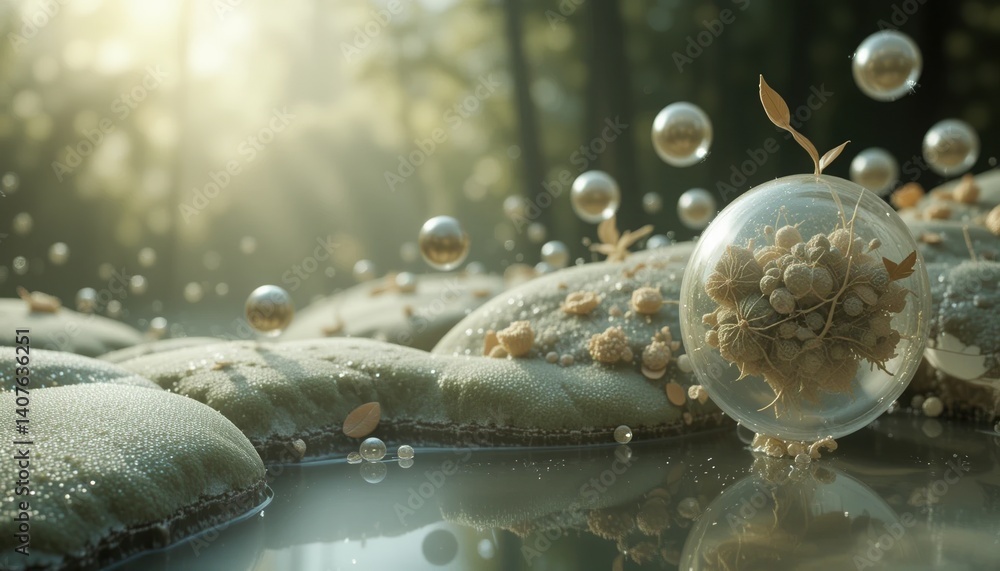 Poster captivating nature scene with floating bubbles and floral elements in a serene forest environment ma