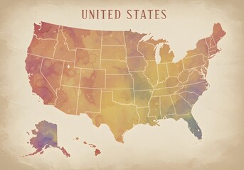 USA map - United State of America illustration map with all state names - Color map of USA - Poster administrative map of USA, States and geographical borders, political map of America