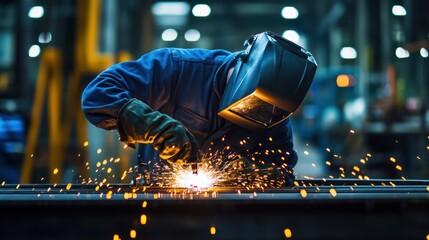 A skilled welder working diligently in a factory setting.