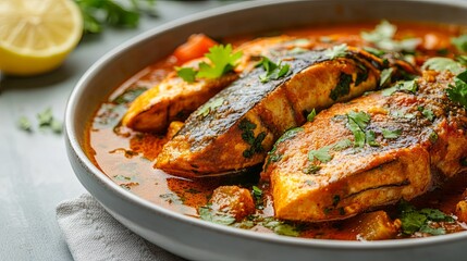 Delicious Chicken Curry with Lemon Wedge in White Ceramic Bowl