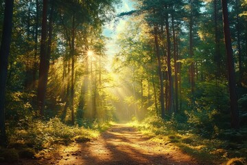 Fototapeta premium Sunlit Forest Pathway in Summer with Dappled Light and Serene Atmosphere