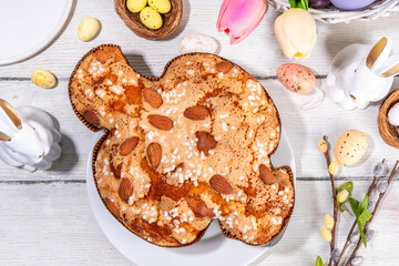 Italian Easter Colomba Cake, Colomba di Pasqua, sweet sugared dove-shaped sponge cake with glazed...