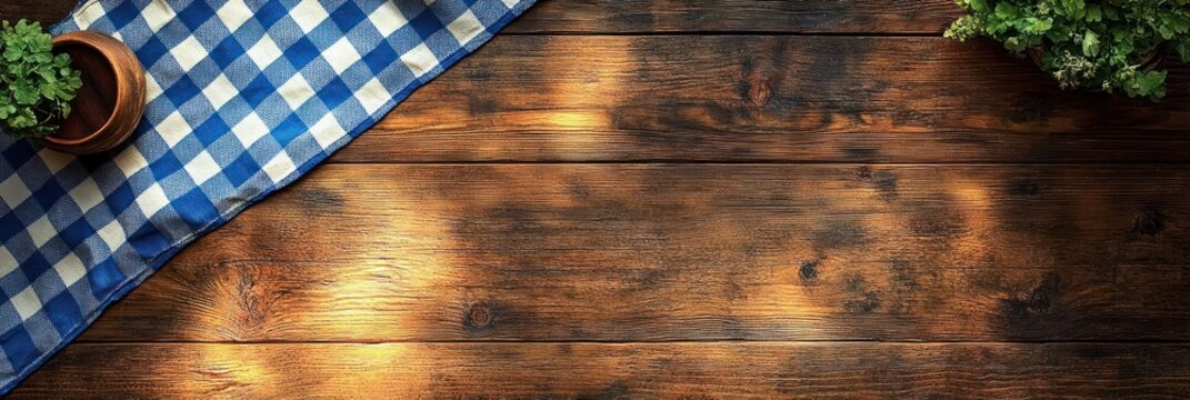 Rustic Octoberfest Wooden Table with Blue and White Checkered Cloth Bavaria Theme