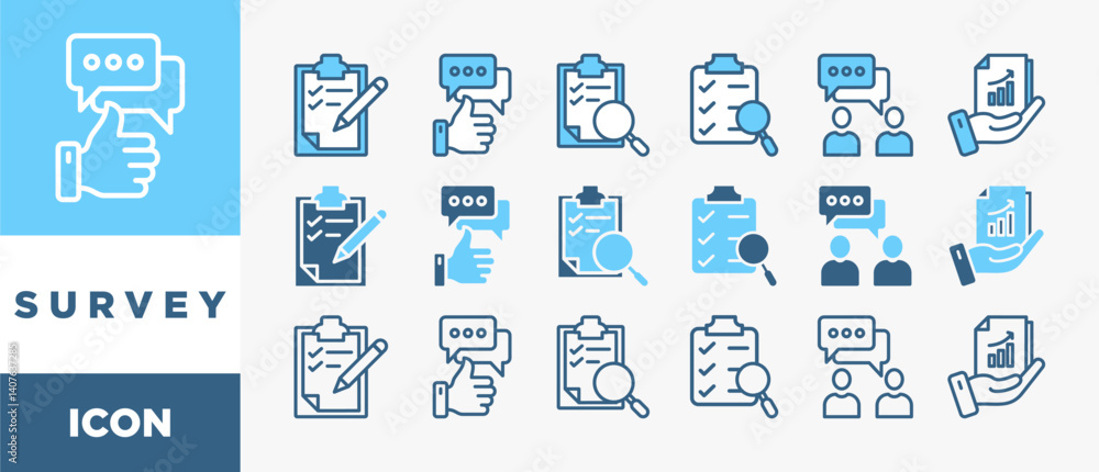 Poster survey icon set with various styles and colors customer satisfaction questionnaire feedback with ico