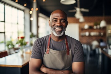 Fototapeta premium Smiling portrait of a middle aged African American small and local restaurant owner looking at camera