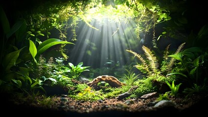 A lush, green forest scene illuminated by sunlight filtering through the foliage, with diverse plants and ferns. Concept Lush Forest, Sunlight Filtering, Diverse Plant Life, Greenery, Nature's Beauty