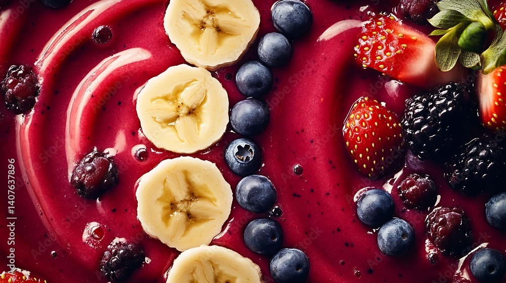 Poster fruits and berries blended smoothie bowl with sliced banana and strawberries on top : generative ai