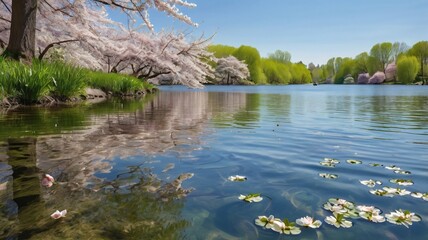 Serene Spring Lake Surrounded by Blooming Trees